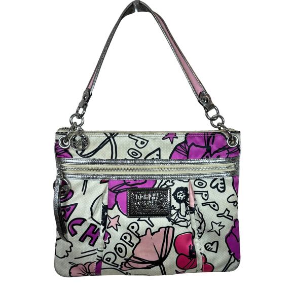 Coach Poppy Print Shoulder Bag Purse Y2K 90s Silver Hardware Pink - Picture 1 of 13